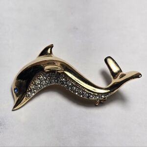 Gold Dolphin Brooch with Rhinestones